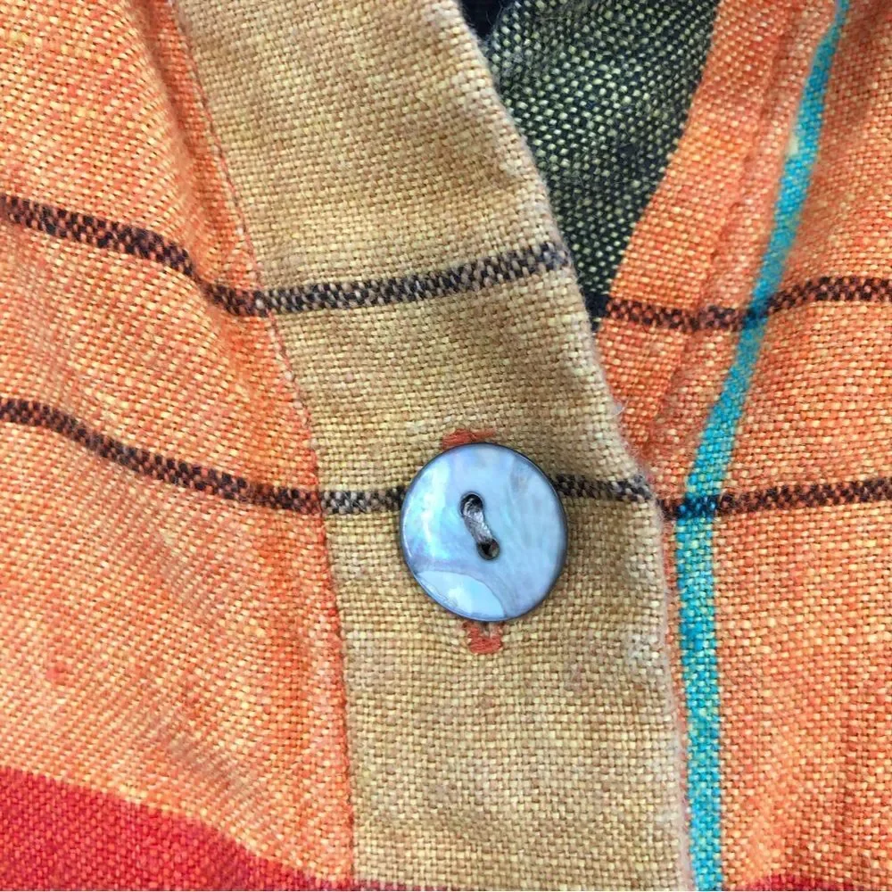 Vtg Chico’s Shirt Womens Large 100% Linen‎ Orange Plaid Button Front 3/4 Sleeve